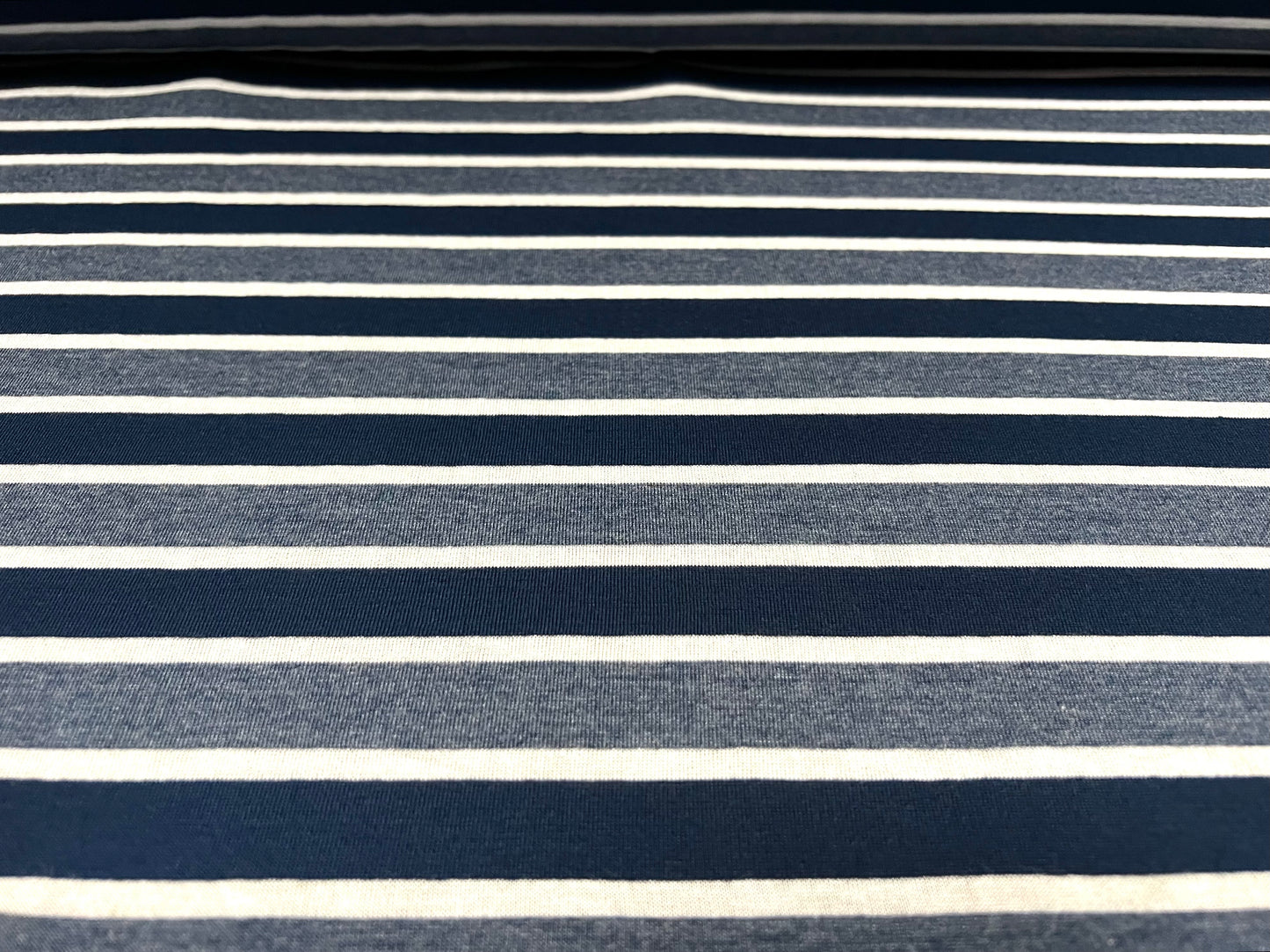 Viscose blend single jersey fabric, per metre - stripe - navy, denim blue & white