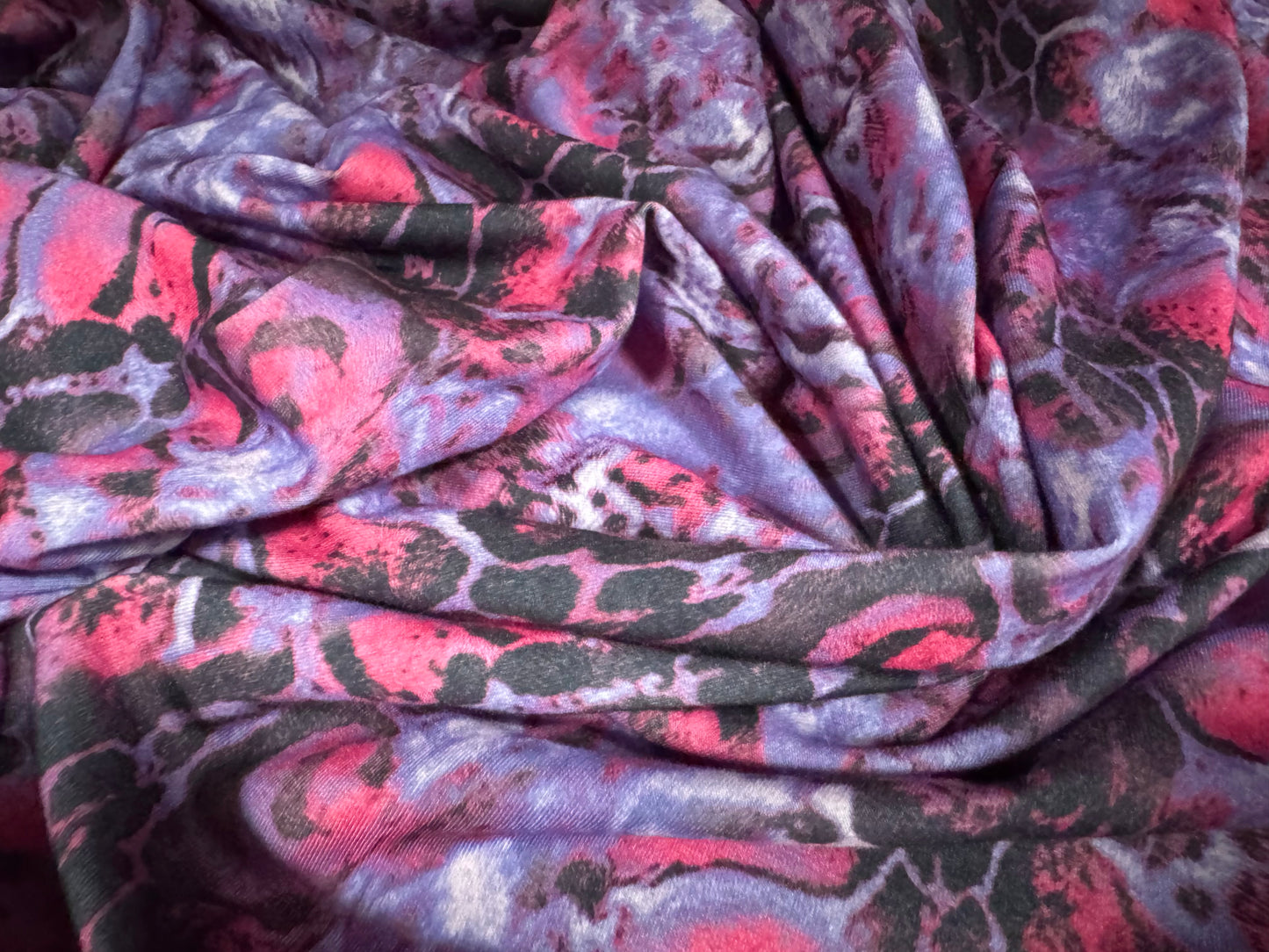 Stretch spandex interlock jersey fabric, per metre - stylised snakeskin print - violet & pink