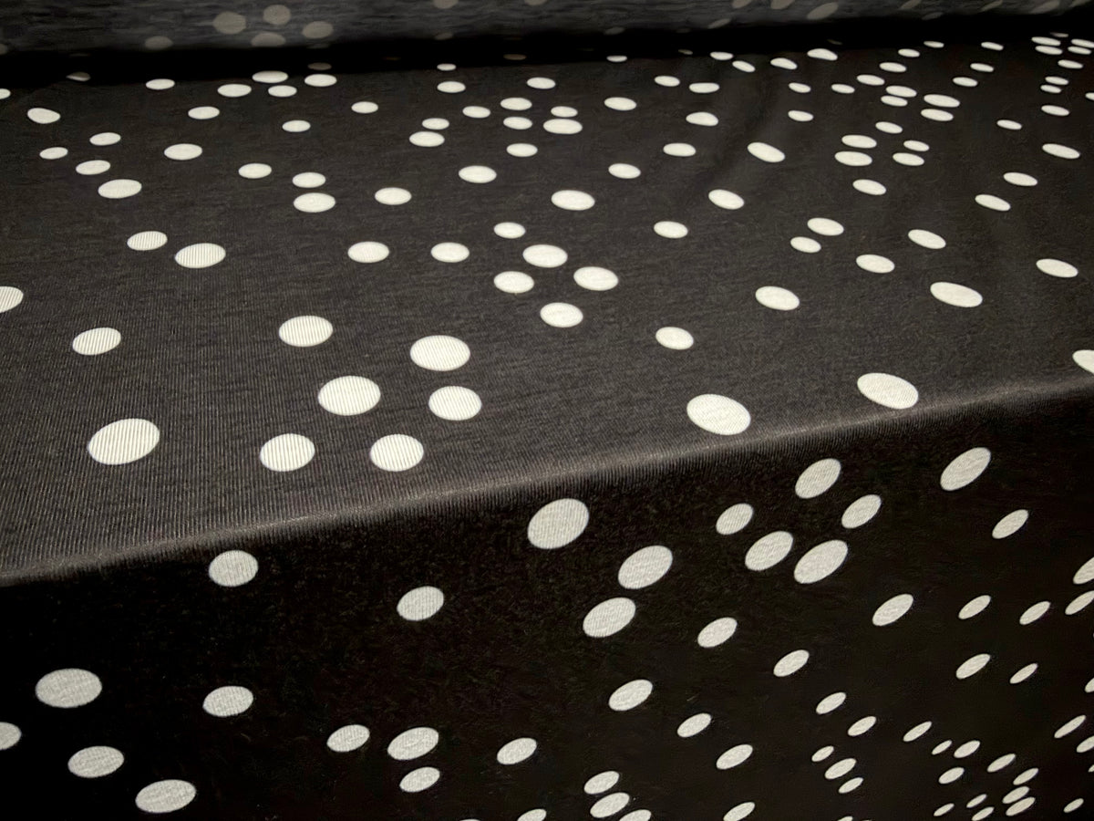 Soft handle single jersey fashion fabric, per metre - spot print - black & white