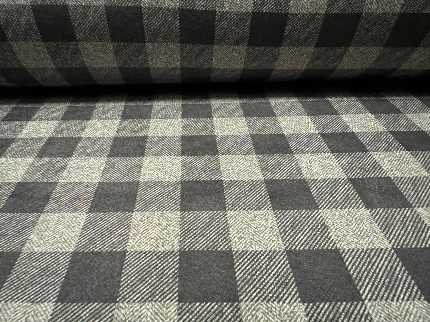 Soft touch stretch spandex single jersey fabric, per metre - buffalo check print - grey & straw