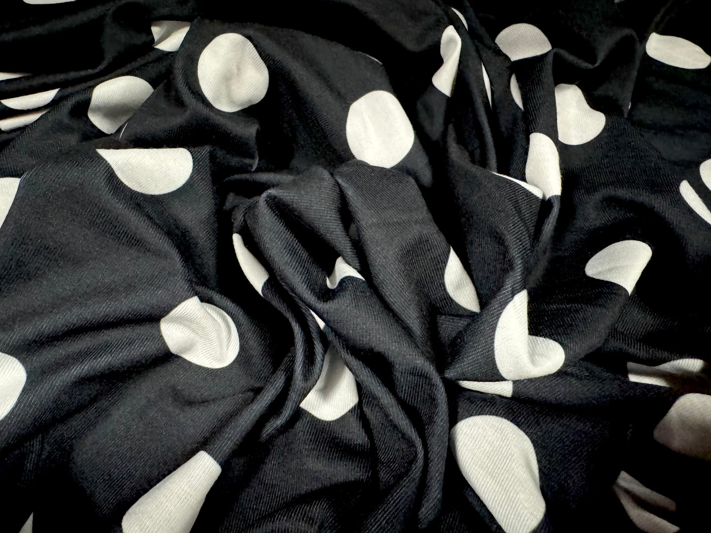 Soft handle stretch single jersey fashion fabric, per metre - polka dot print - black & white
