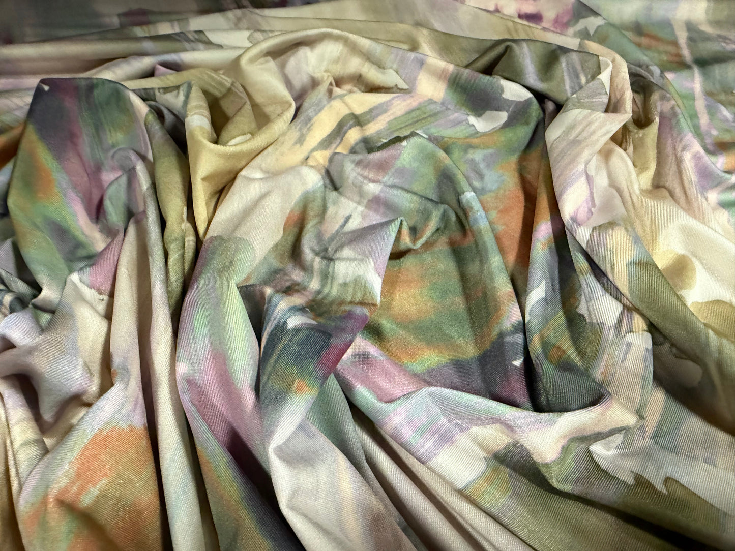 Soft touch stretch spandex single jersey fabric, per metre - stylised poppies print - khaki cream & lilac