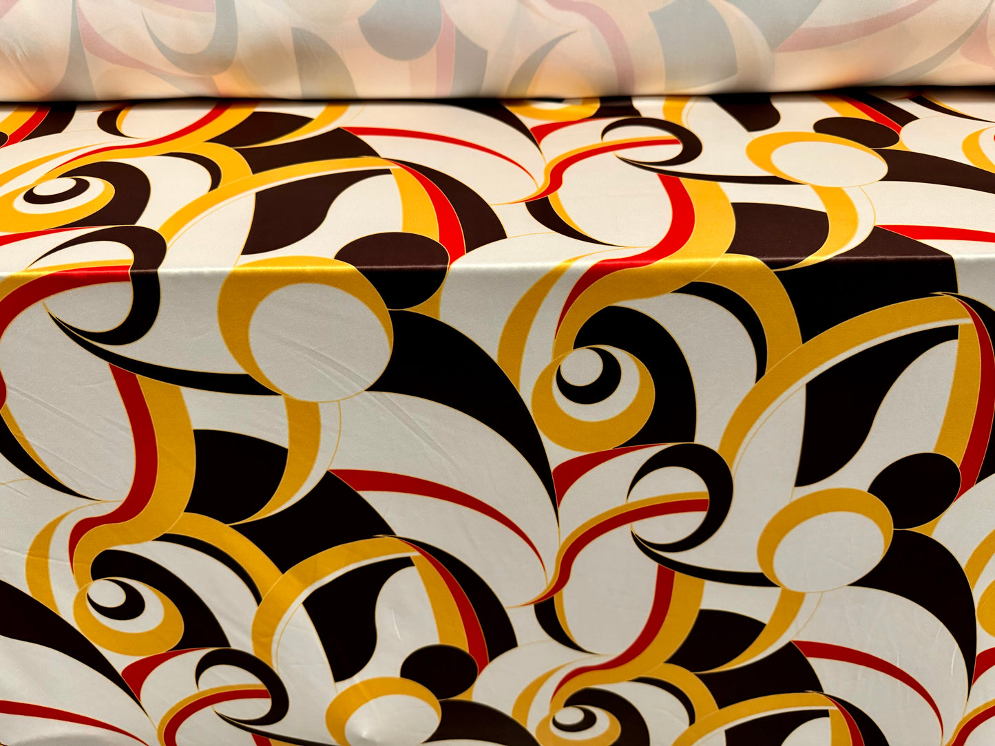 Soft touch stretch spandex single jersey fabric, per metre - 60s Soho Chic print - cream gold & red