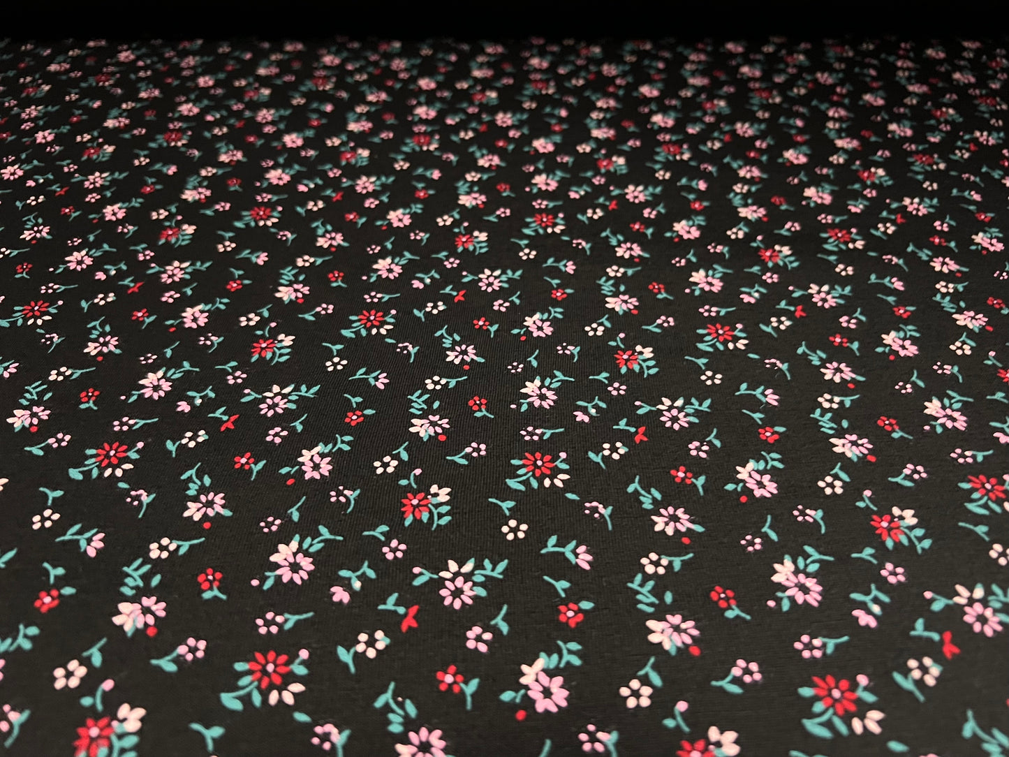 Viscose spandex stretch single jersey fabric, per metre - ditsy flower print - black & pink