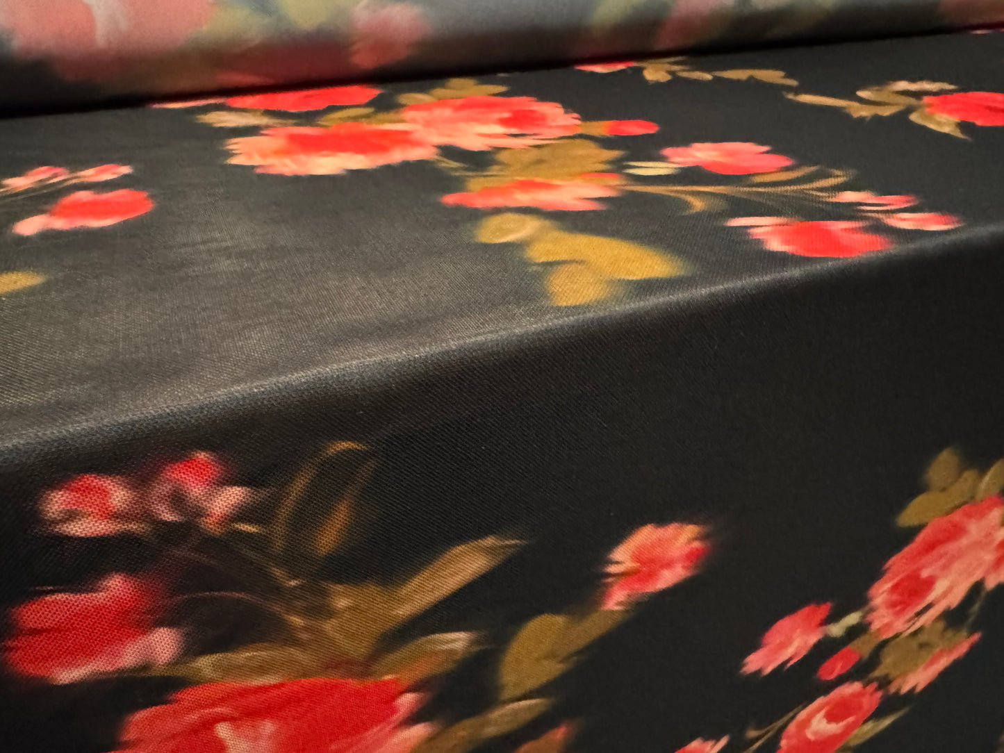 Power mesh net stretch spandex fabric, per metre - soft focus roses print - black & red