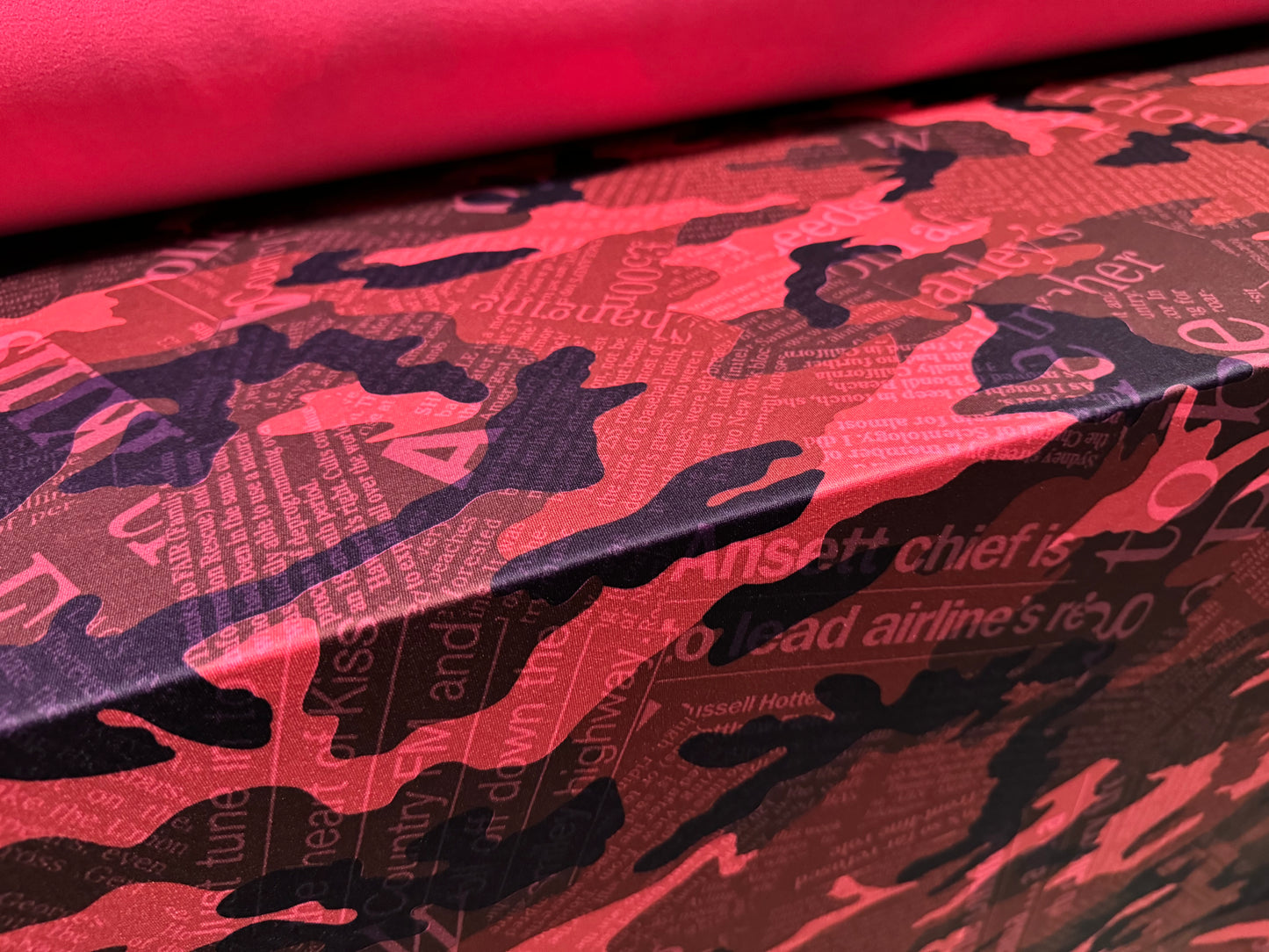 Stretch spandex crepe jersey fabric, per metre - newspaper headlines & camouflage print - pink