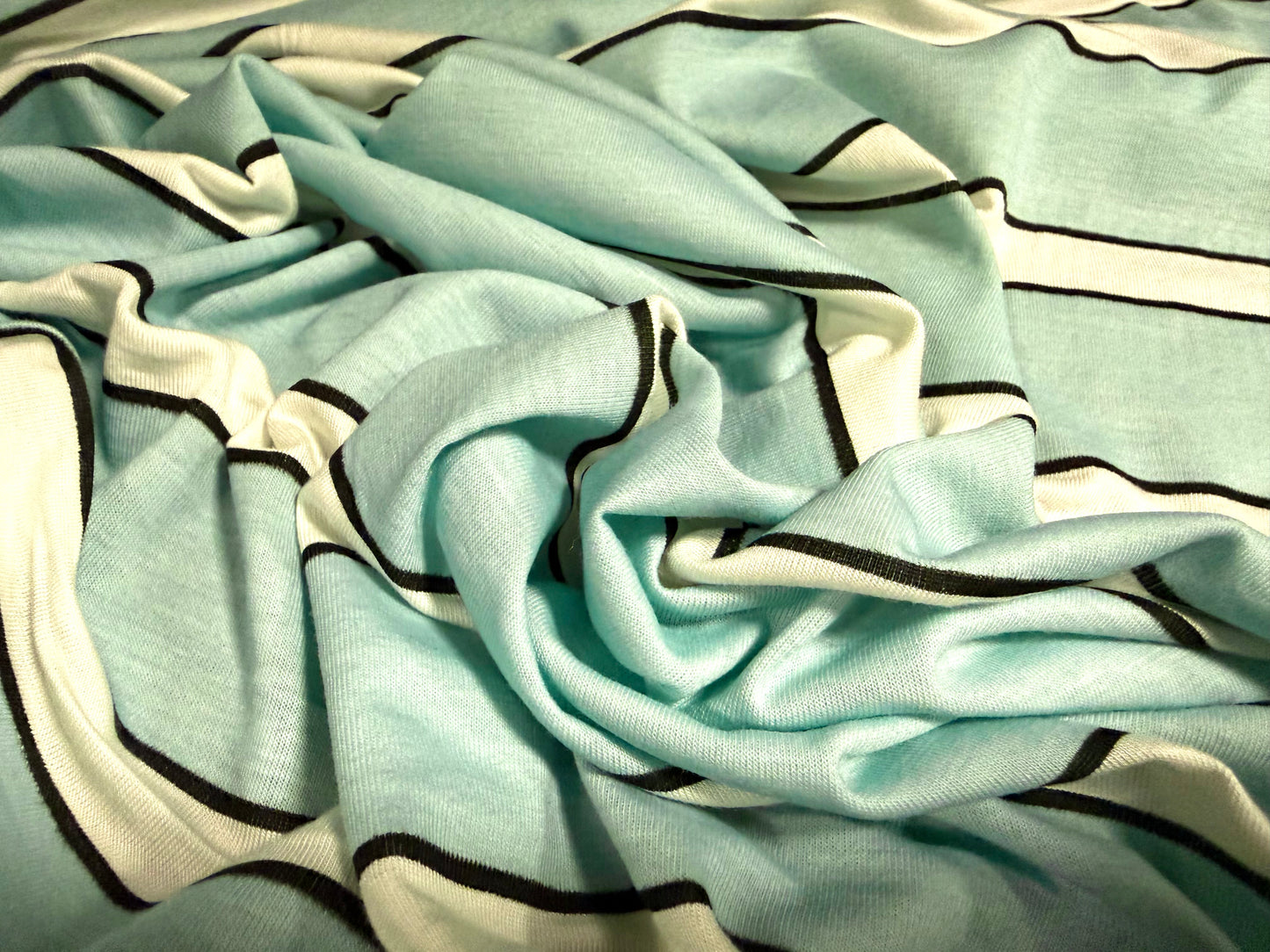 Viscose spandex stretch jersey fabric, per metre - stripe print - duck egg & white