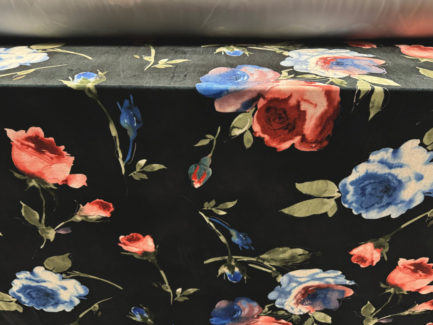 Spandex velvet stretch dress fabric, per mere - floral roses print - black & pink