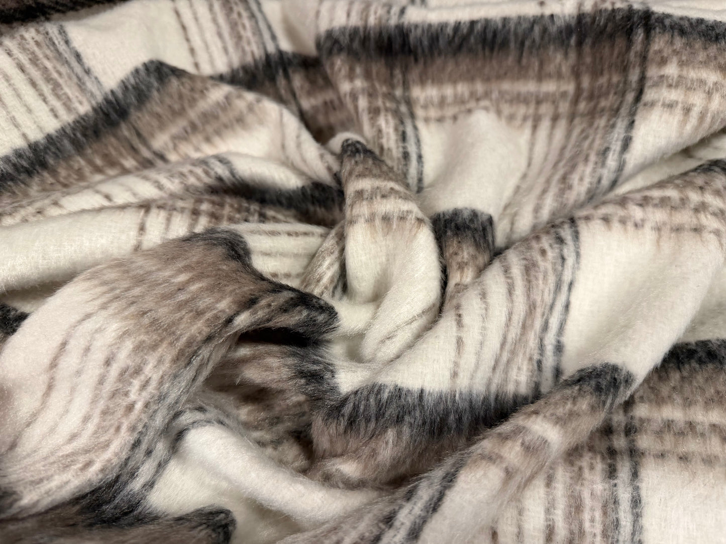Wool faux fur fabric, per metre - distressed check - ivory & taupe