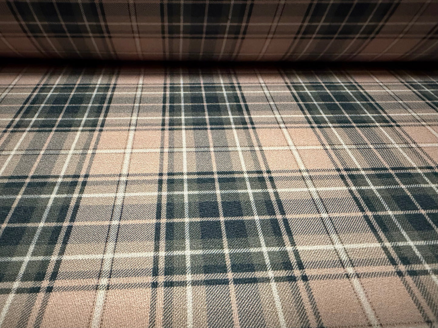 Stretch spandex crepe jersey fabric, per metre - tartan print - dusky pink & grey