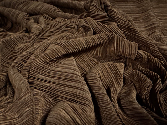 Fine Plissé pleated satin dress fabric, per metre - plain - brown