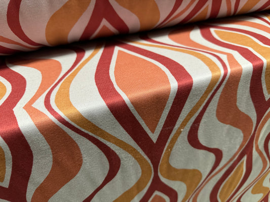 Sweatshirt fleece soft jersey fabric, per metre - Moroccan wave print - grey, wine & terracotta