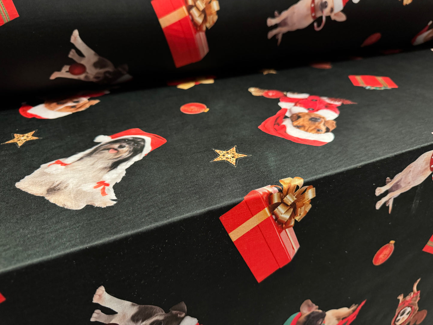 Soft touch stretch spandex single jersey fabric, per metre - Christmas Dogs print - black & red