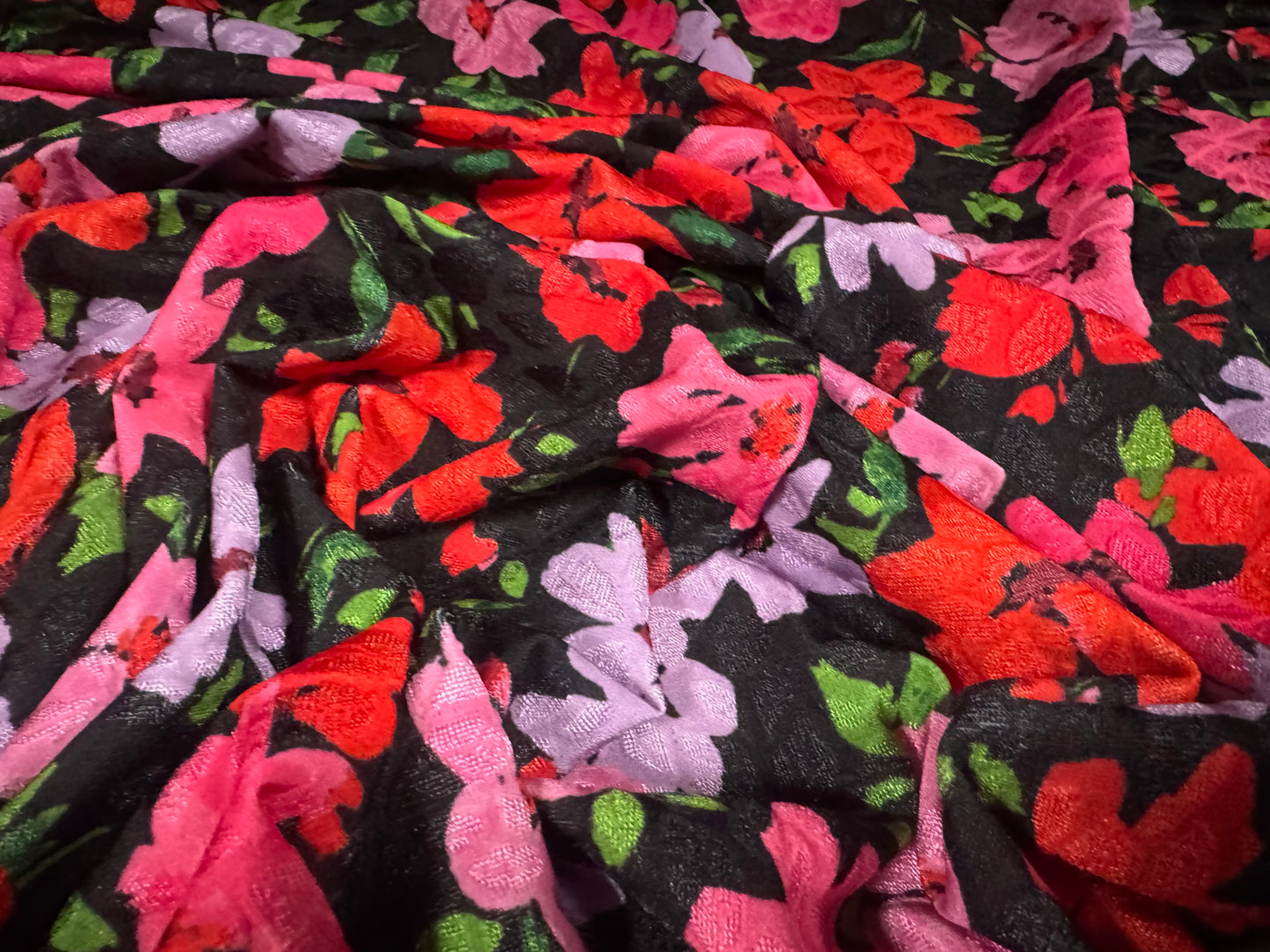 Stretch spandex jersey jacquard fabric, per metre - floral print - black & pink