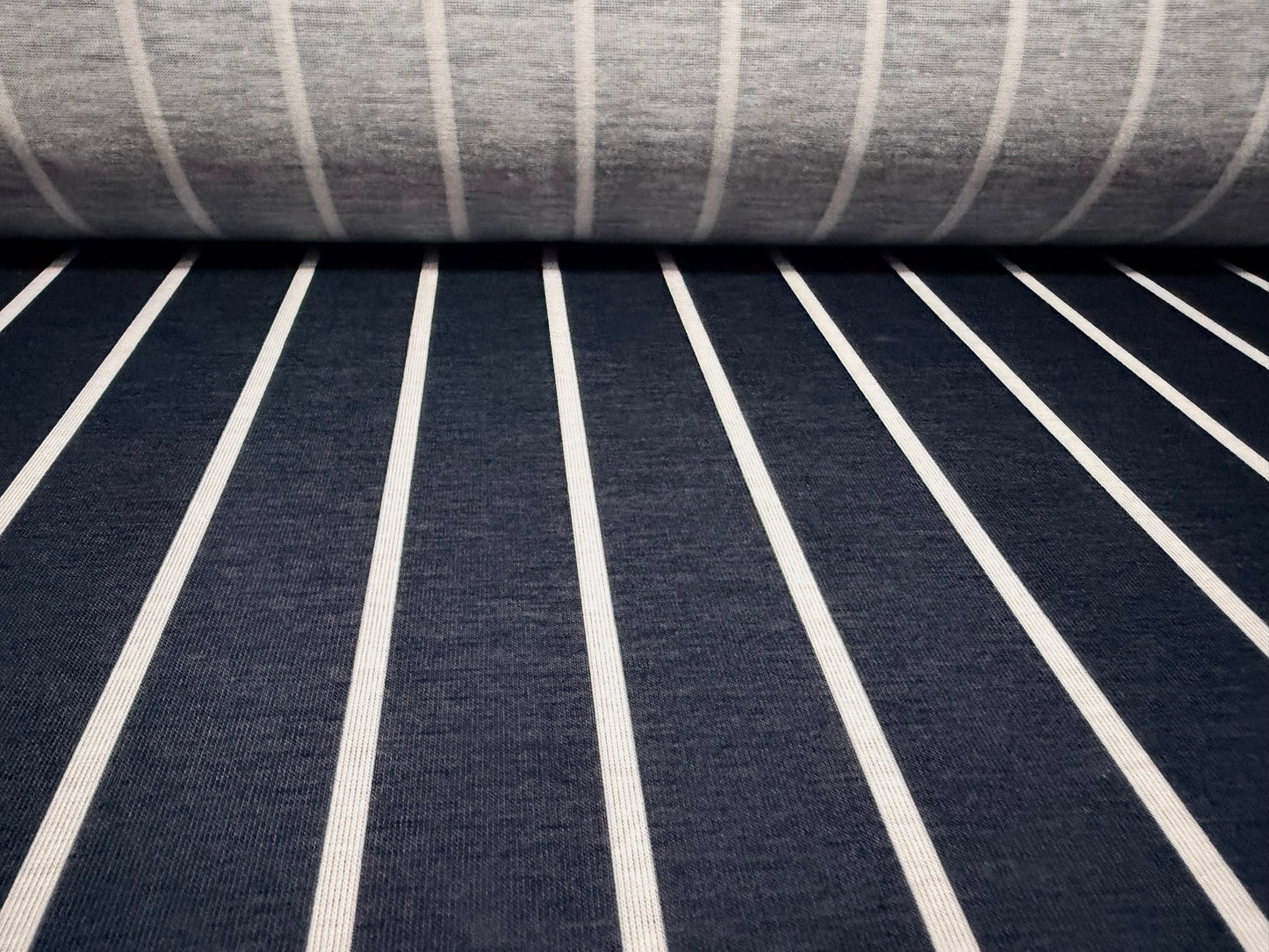 Soft handle stretch jersey fabric, per metre - butchers stripe print - navy & white