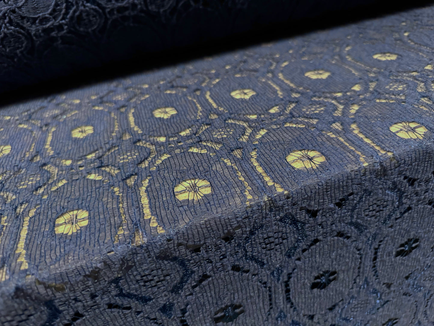 Cotton lace dress fabric, per metre - damask circles design- navy blue