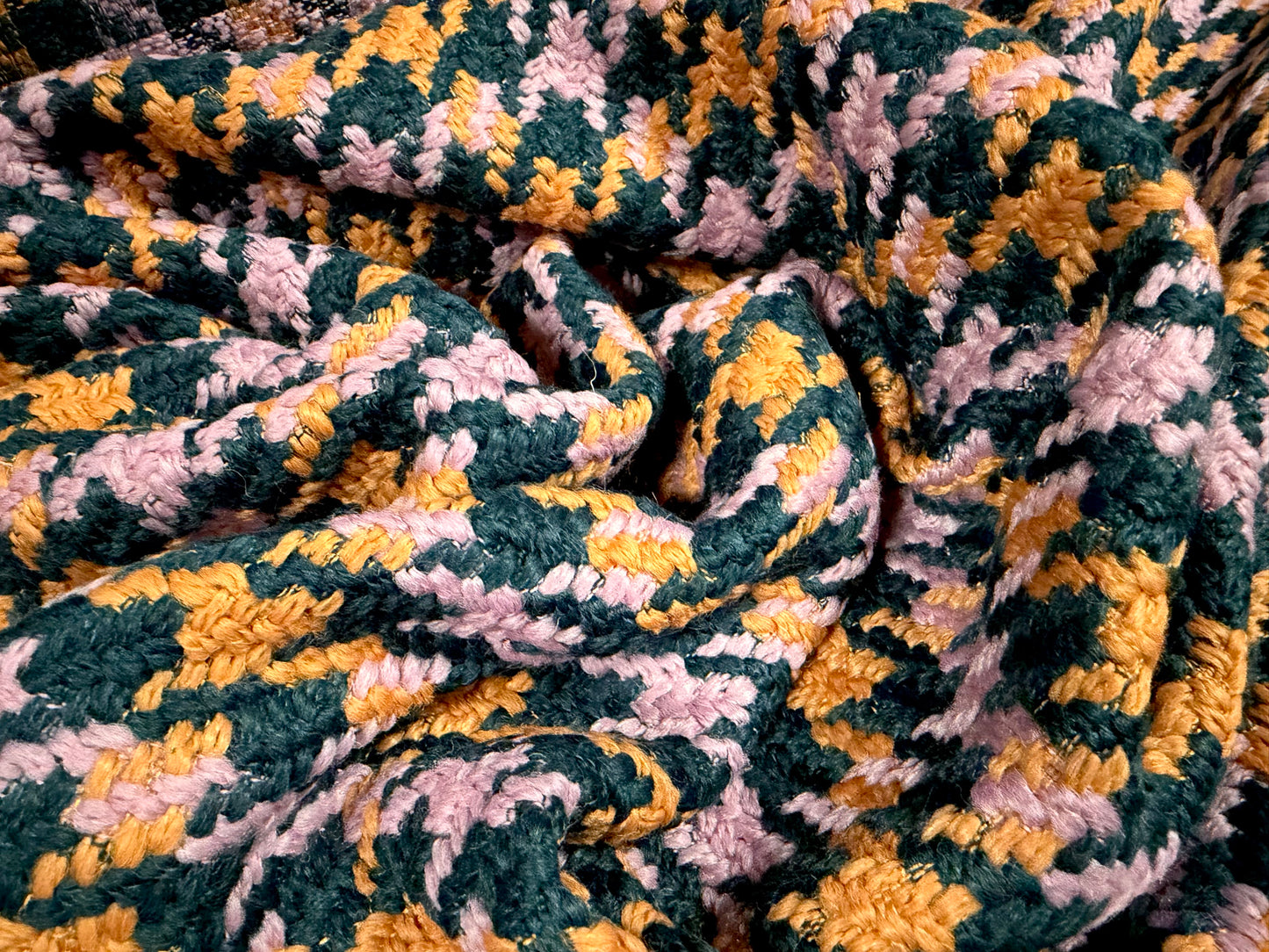 Heavyweight wool bouclé fabric, per metre - houndstooth - pink mustard & black