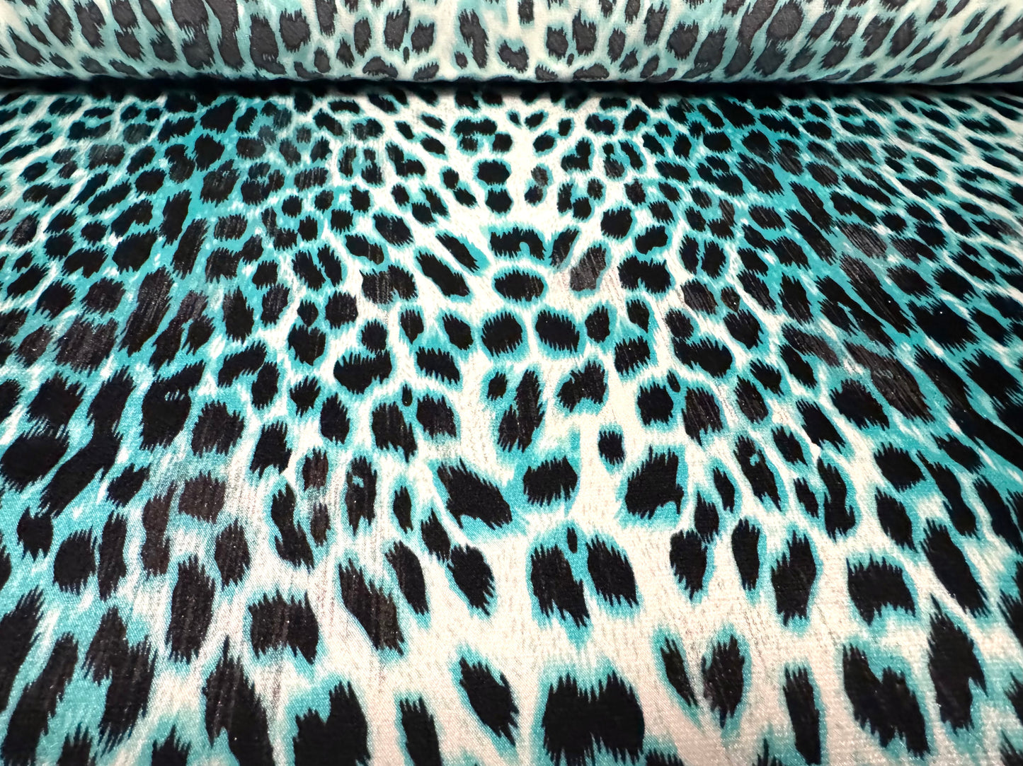 Metallic charmeuse satin dress fabric, per metre - Leopard print - turquoise
