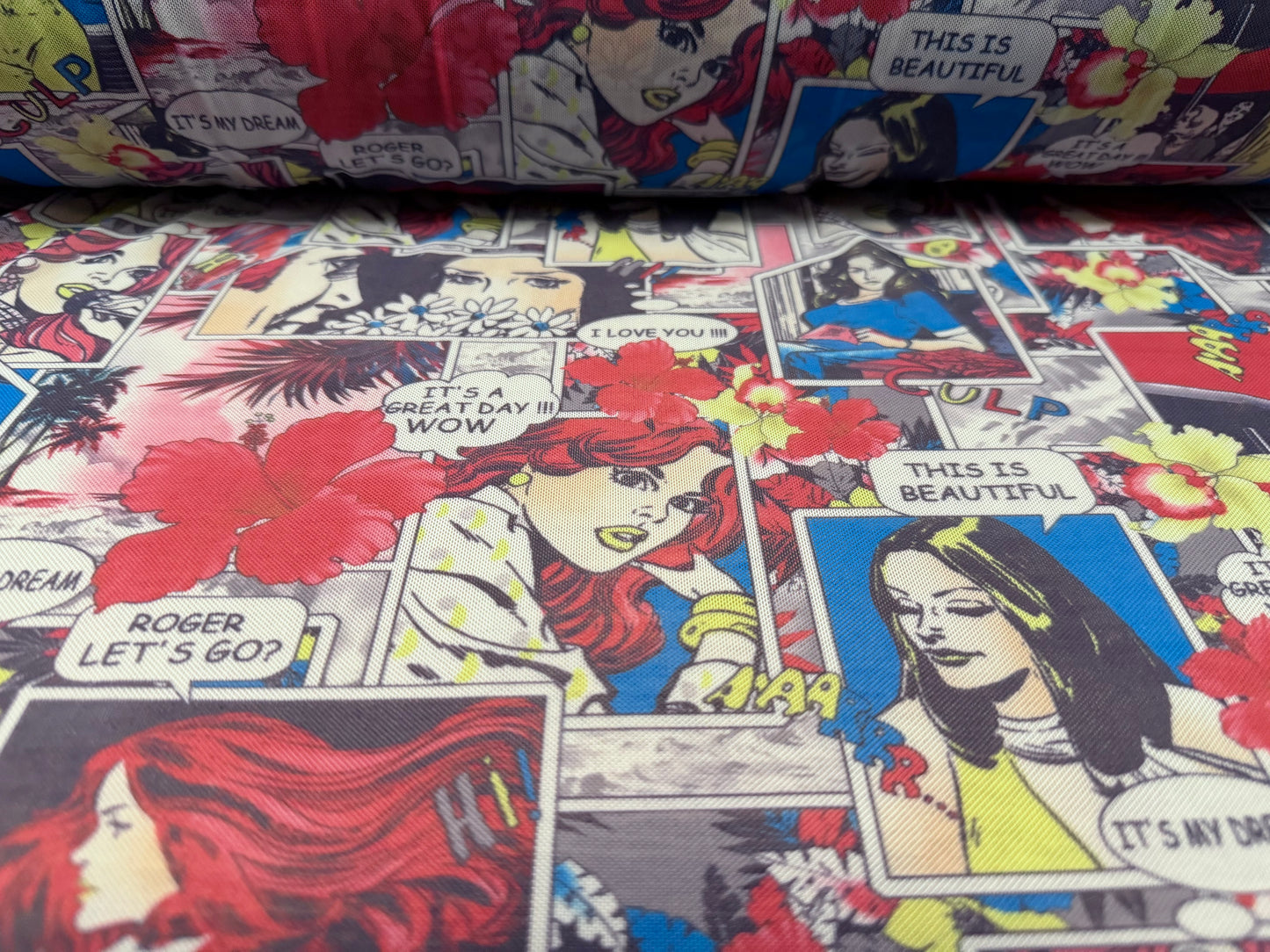 Power mesh net stretch spandex fabric, per metre - comic strip print - blue-grey & red