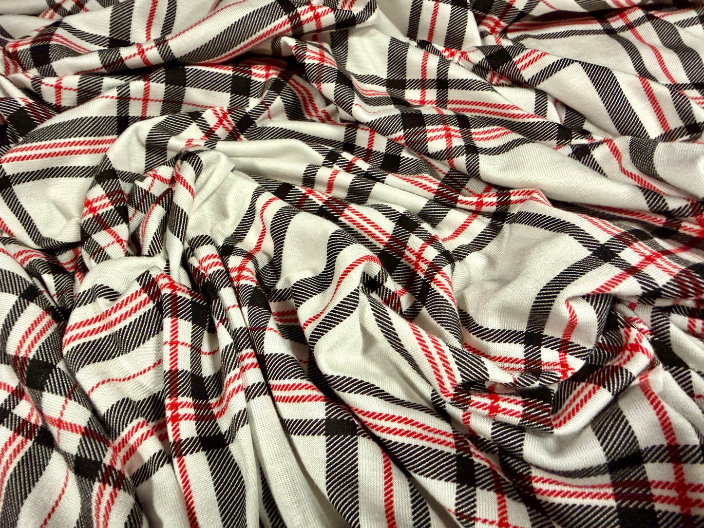 Viscose spandex stretch jersey fabric, per metre - tartan check print - white red & black