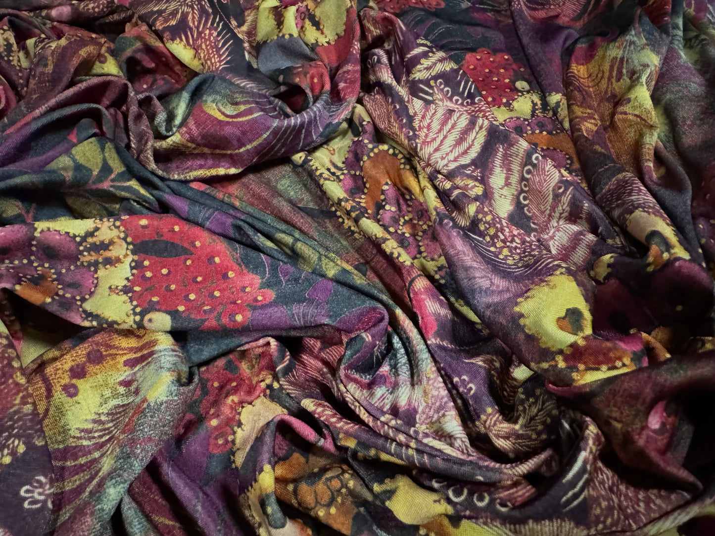 Soft touch stretch spandex single jersey fabric, per metre - stylised flowers - deep purple