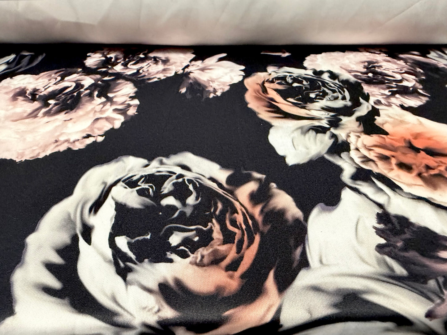 Scuba stretch spandex double jersey fabric, per metre - rose print - black grey & blush