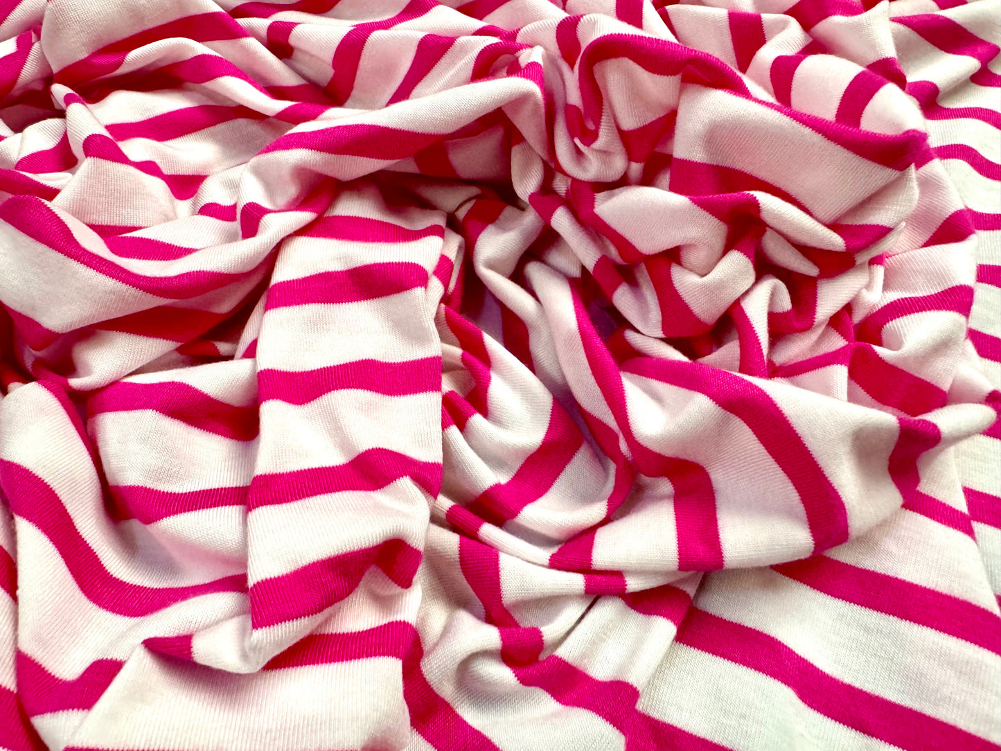 Viscose spandex stretch single jersey fabric, per metre - Breton stripe - cerise pink & white