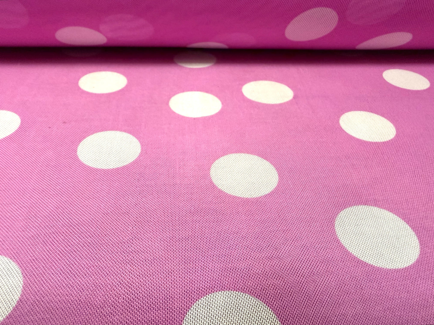 Power mesh net stretch spandex fabric, per metre - polka dot print - pink & white