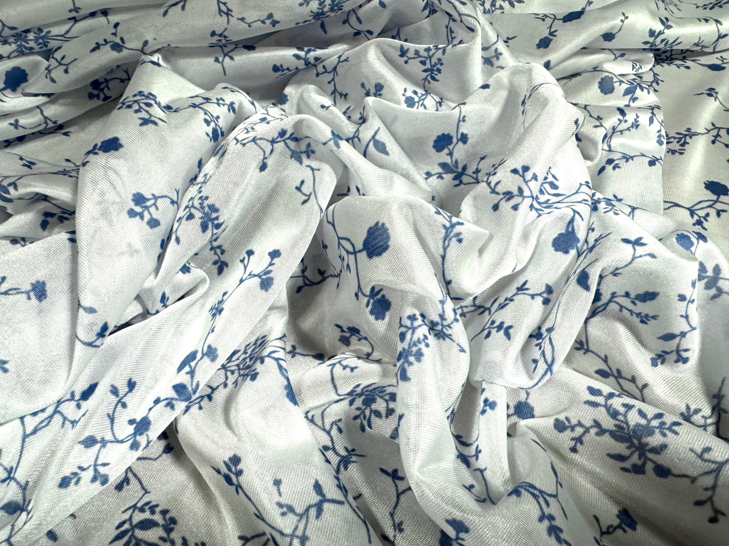 Angelique lightweight sateen jersey fabric, per metre - rambling rose print - white & powder blue