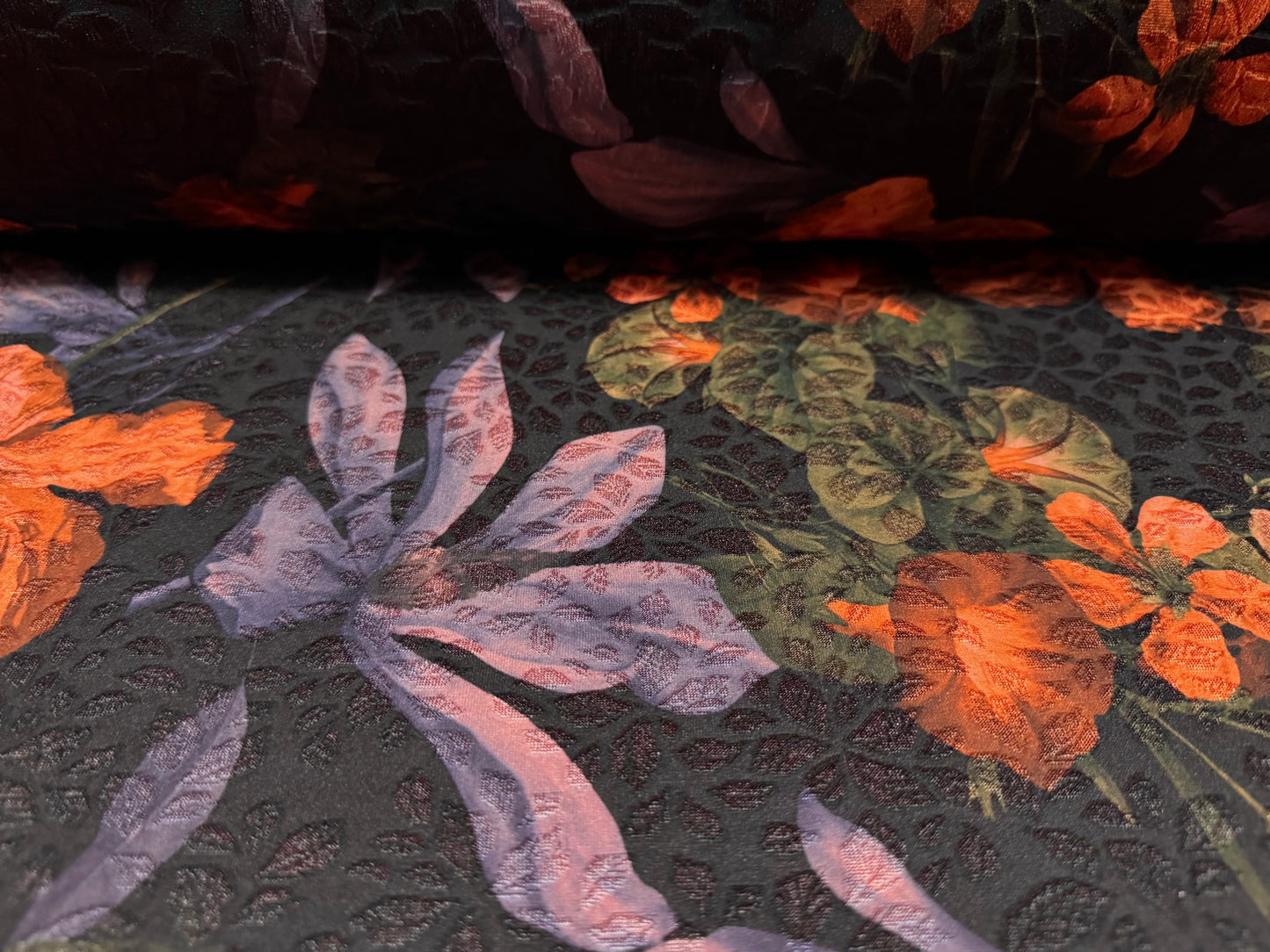 Stretch spandex jersey jacquard fabric, per metre - poppy flower print - dark purple
