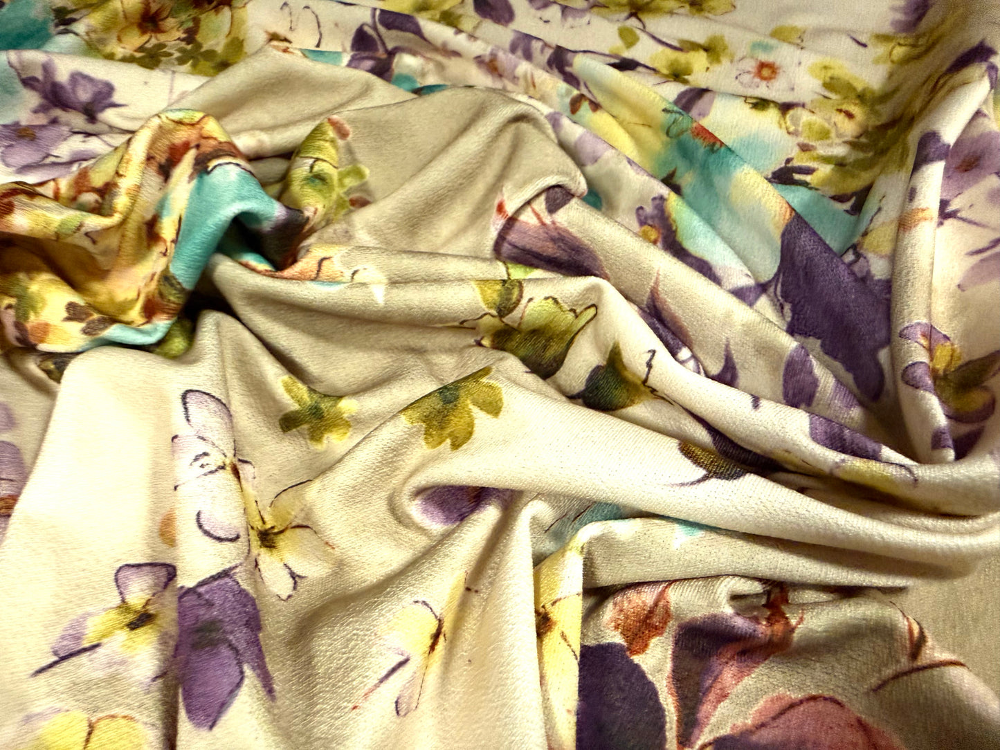 Stretch spandex crepe single jersey dress fabric, per metre - floral print -cream sage turquoise & purple