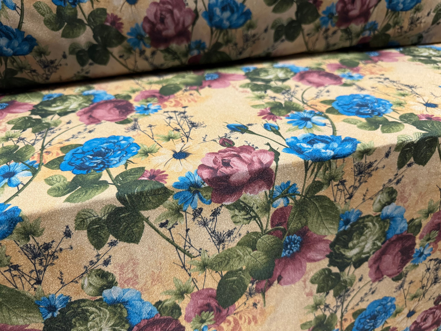 Swimwear stretch spandex jersey fabric, per metre - wild rose print - old gold, cobalt & magenta