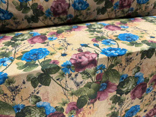Swimwear stretch spandex jersey fabric, per metre - wild rose print - old gold, cobalt & magenta