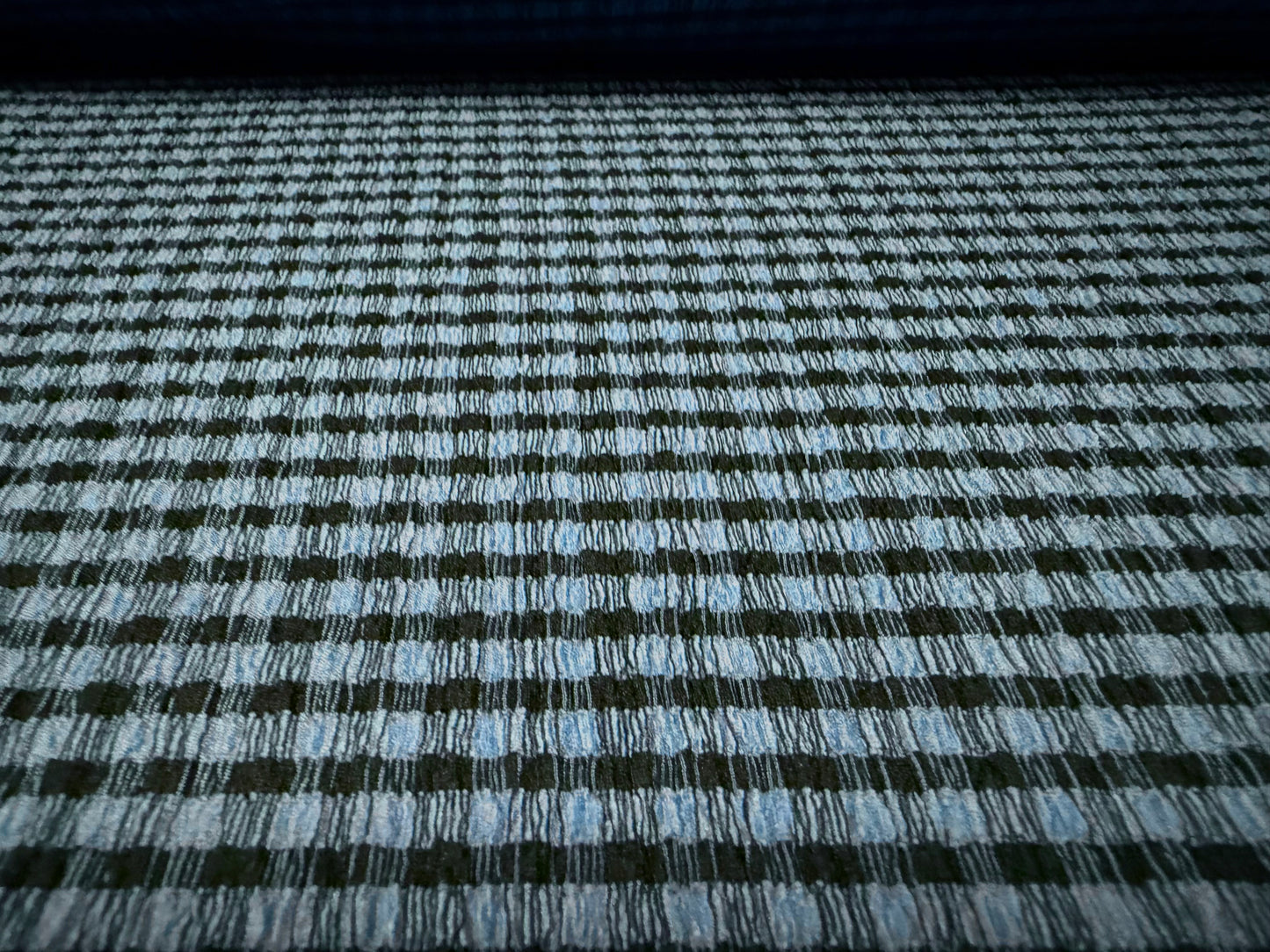 Stretch seersucker woven fashion fabric, per metre - gingham check - denim blue