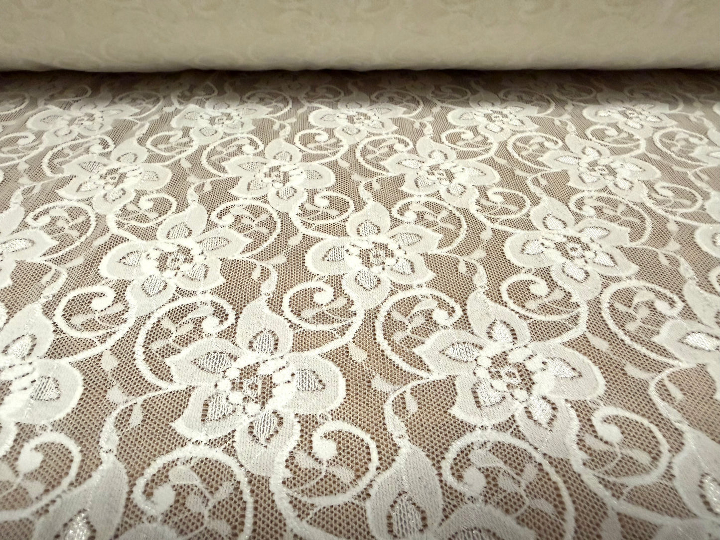 Stretch spandex lace fabric, per metre - floral - cream