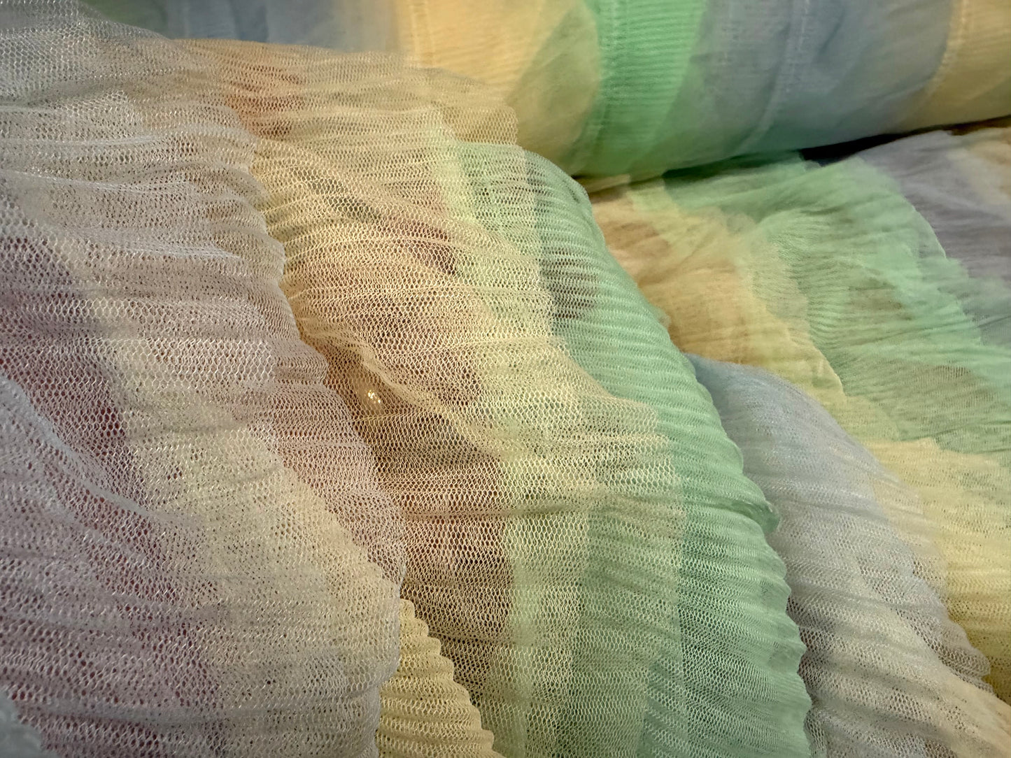 Layered tulle mesh net fabric, per metre - stripe - green, lemon & sky blue