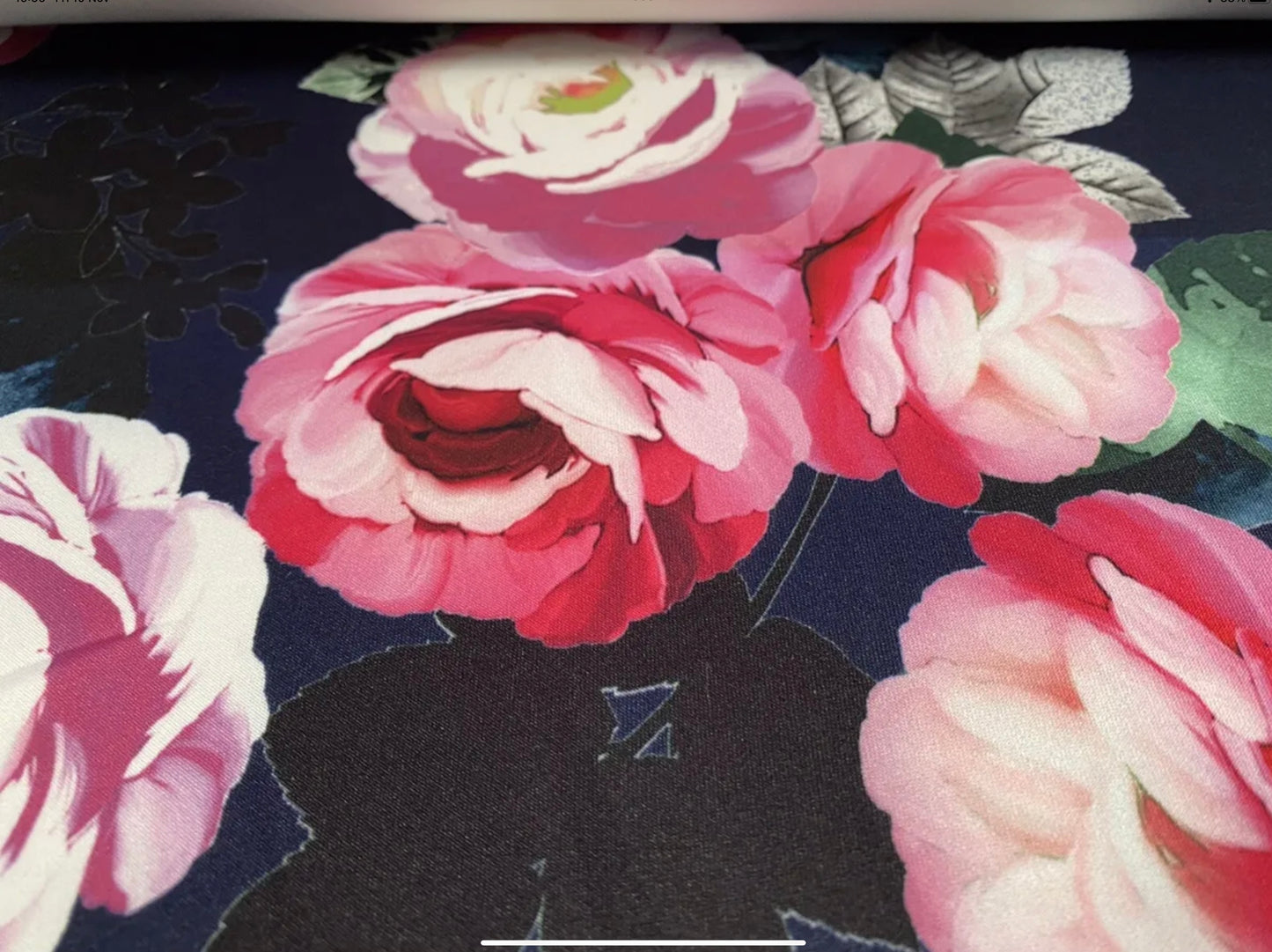 Scuba stretch spandex double jersey dress fabric, per metre - rose outline flower print - navy blue & pink