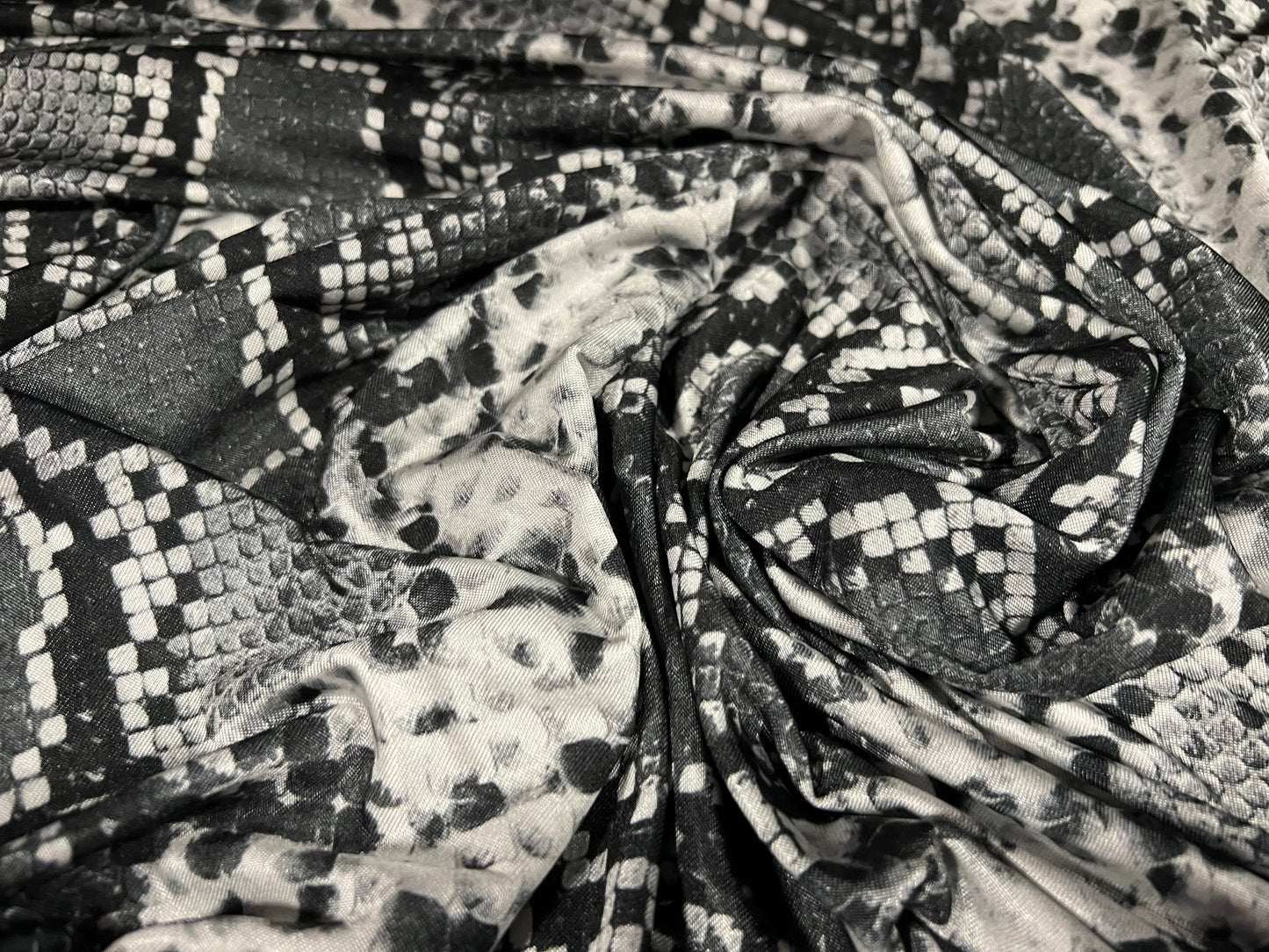 Soft touch stretch spandex single jersey fabric, per metre - snakeskin animal print - grey