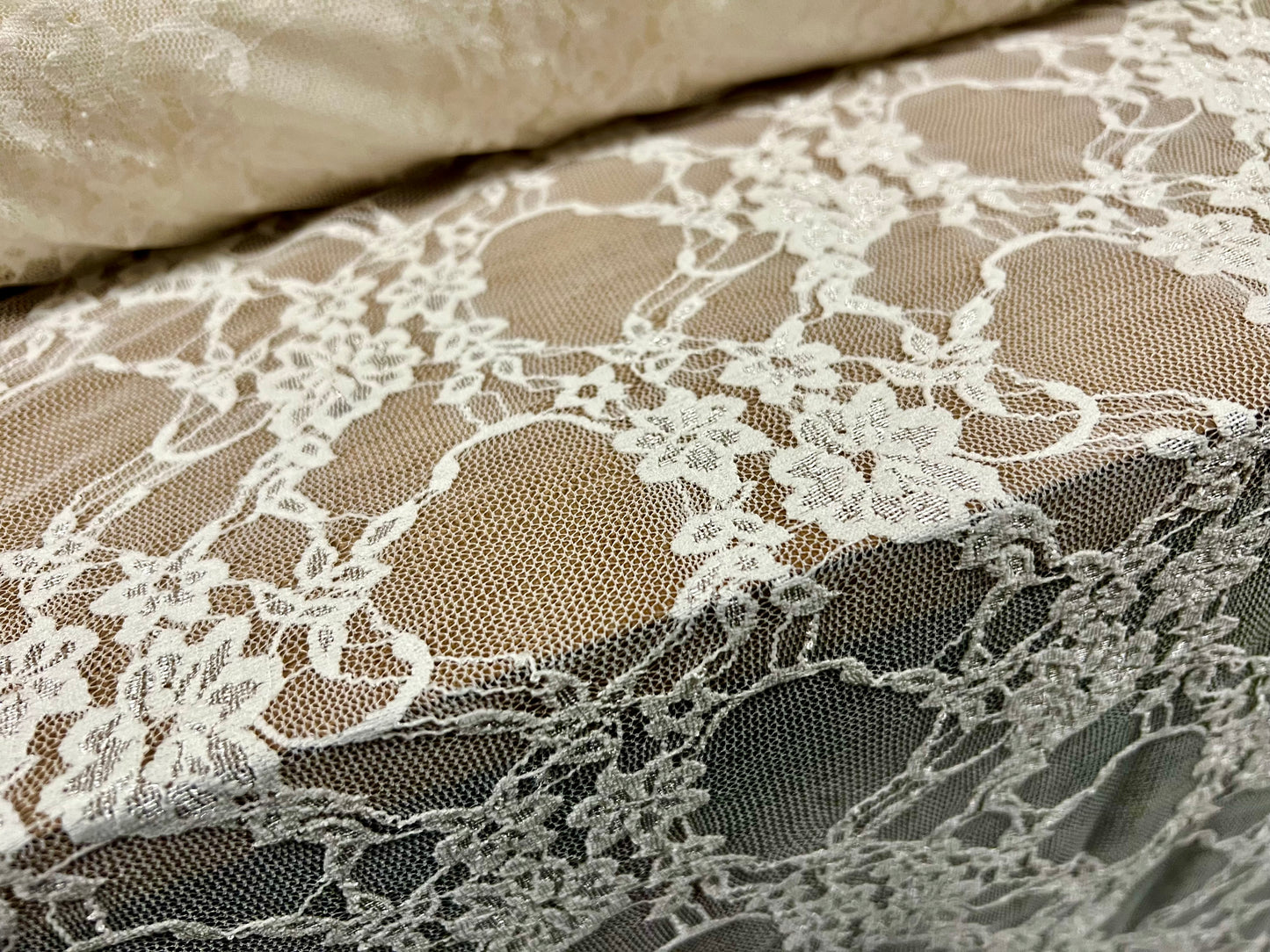 Stretch spandex mesh lace net fabric, per metre - floral - light cream