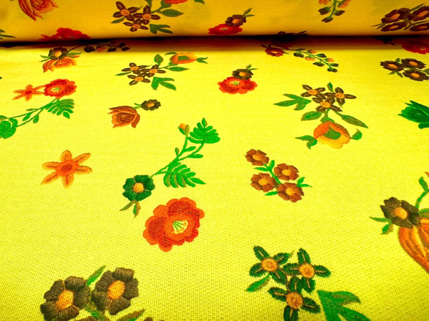 French Terry loopback sweatshirt jersey fabric, per metre - pretty flowers print - yellow