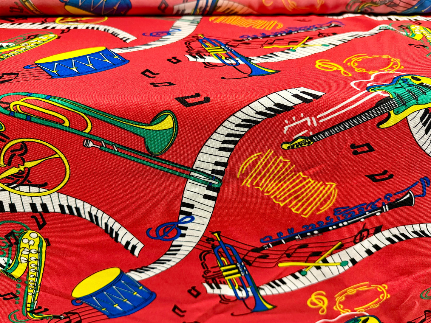 Panama woven fashion fabric, per metre - orchestra print - red