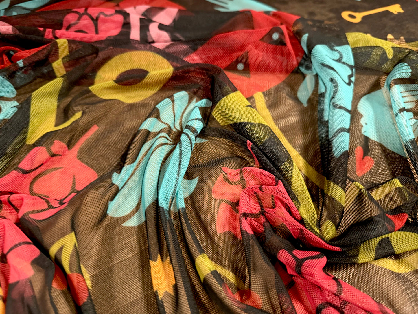 Power mesh net stretch spandex fabric, per metre - The Keys To Love print - multicolour