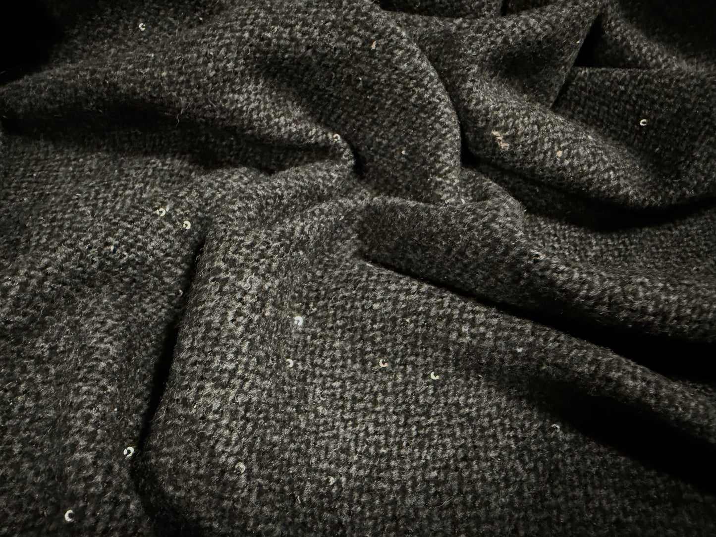 Wool tweed fabric with sequins, per metre - grey