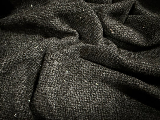 Wool tweed fabric with sequins, per metre - grey