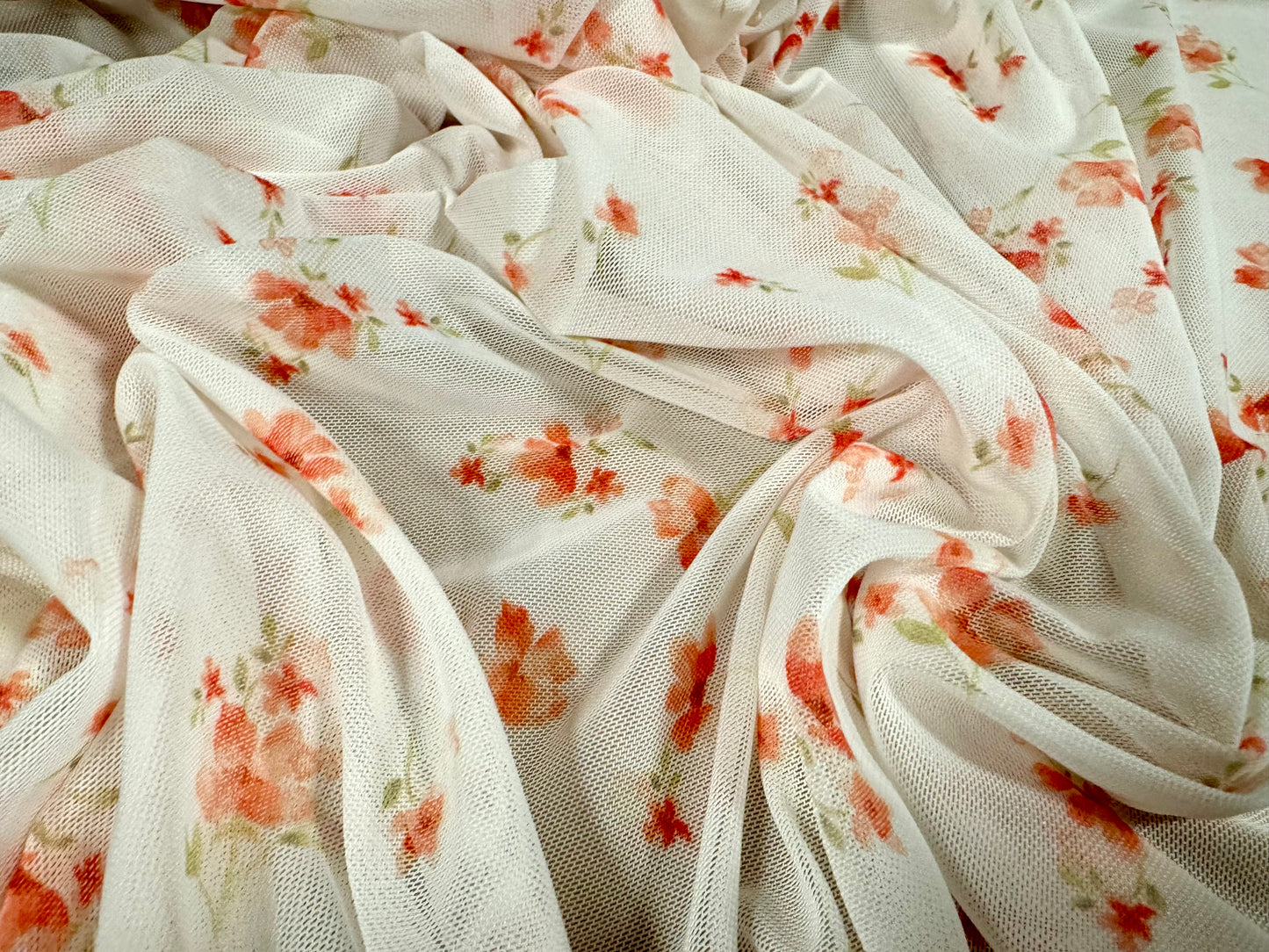 Power mesh net stretch spandex fabric, per metre - ditsy flower print - white & orange