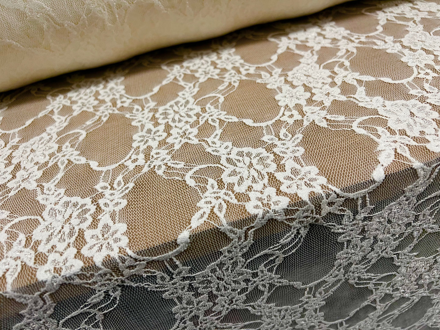 Stretch spandex mesh lace net fabric, per metre - floral - light cream