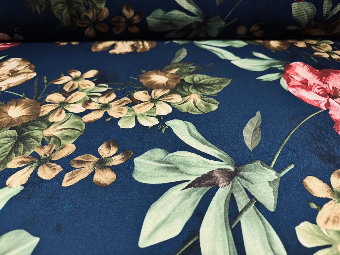 Bubble crepe stretch woven dress fabric, per metre - lily flower print - navy blue pink & beige