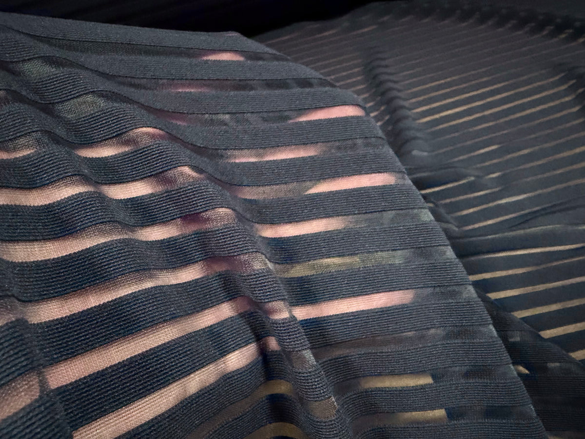 Ottoman rib stretch double jersey fabric , per metre - burnout stripe - navy blue