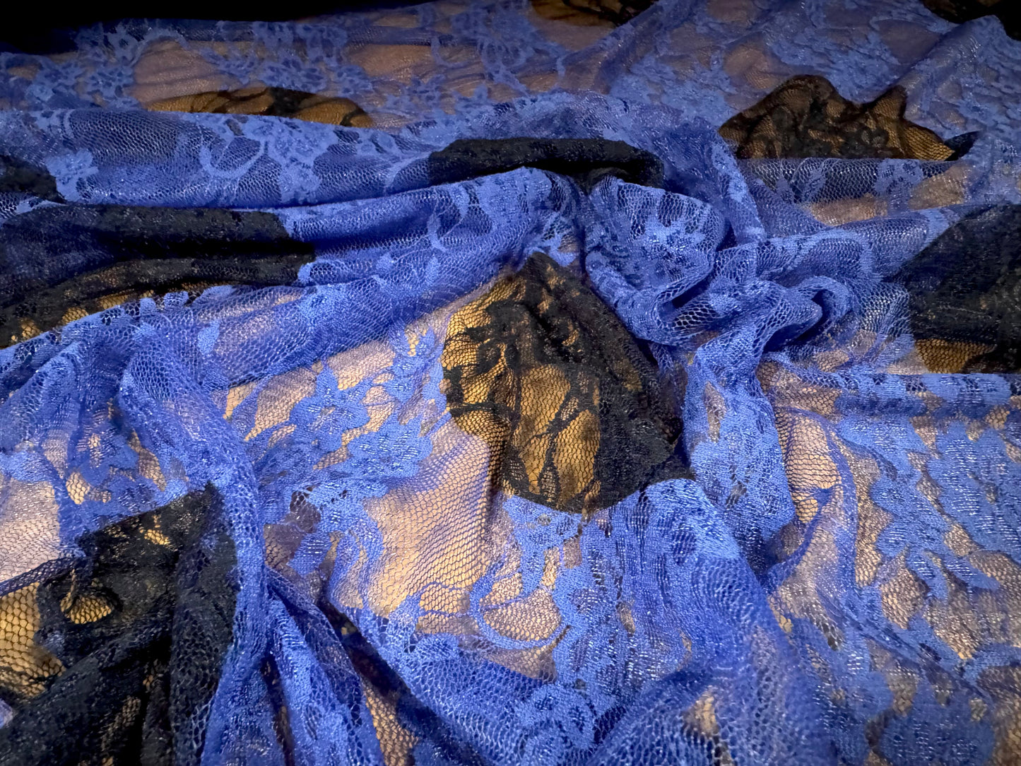 Stretch spandex mesh lace fabric, per metre - jumbo polka dot print - blue & black