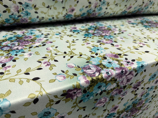 Stretch spandex crepe single jersey dress fabric, per metre - floral print - mint & violet